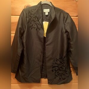 Victor Costa Open Blazer Jacket 100% Silk Embroidered Black Women's M Bead